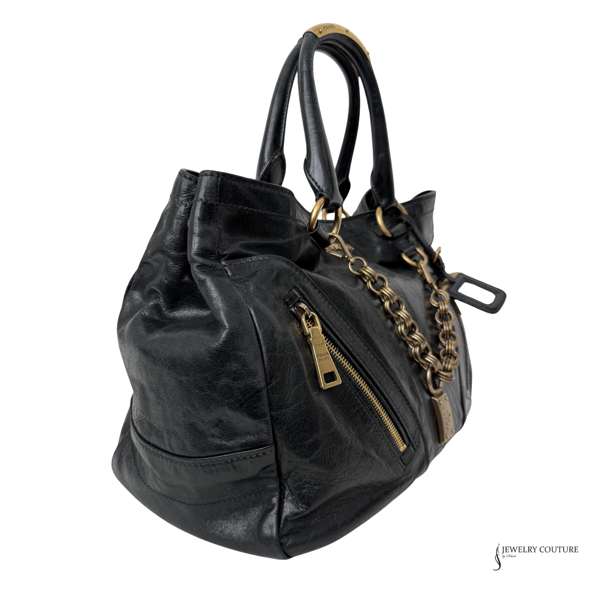 PRADA Vintage Black Leather & Gold Zipper Detail Shoulder Bag Vitello Shine Chain Hobo Pre-Owned