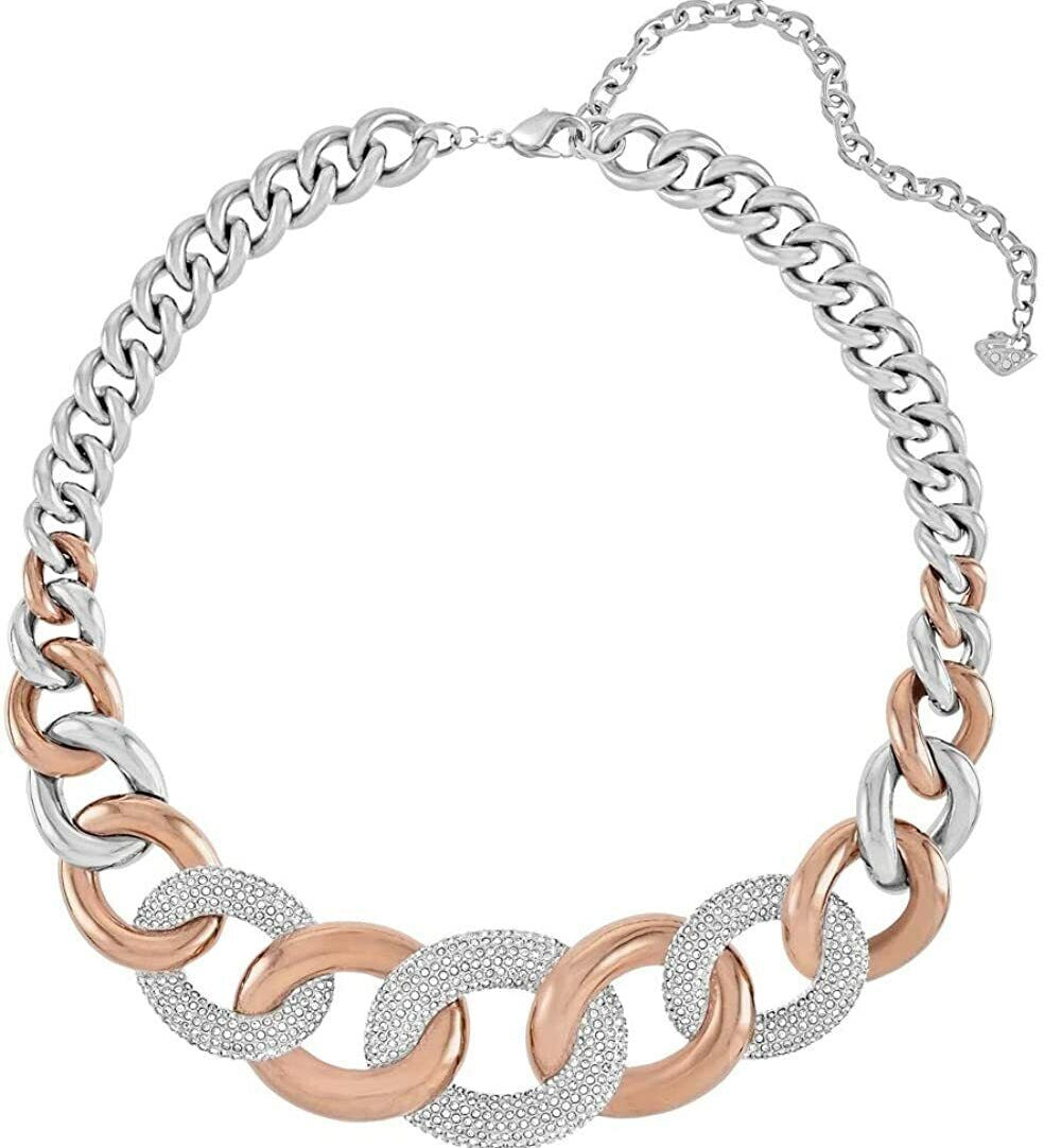 A two-tone chain link necklace featuring alternating silver and rose gold links, with textured silver pavé disc links and a silver extender chain on a plain white background.