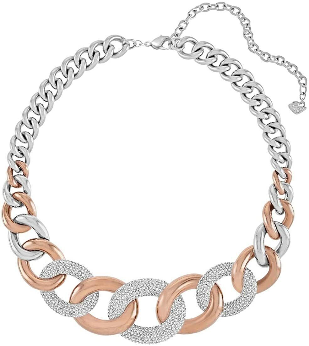 A two-tone chain link necklace featuring alternating silver and rose gold links, with textured silver pavé disc links and a silver extender chain on a plain white background.