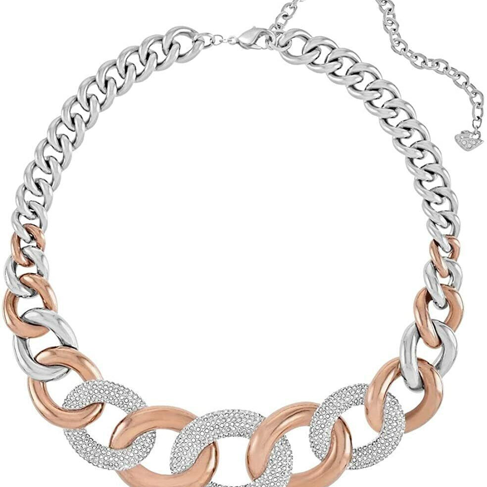 A two-tone chain link necklace featuring alternating silver and rose gold links, with textured silver pavé disc links and a silver extender chain on a plain white background.