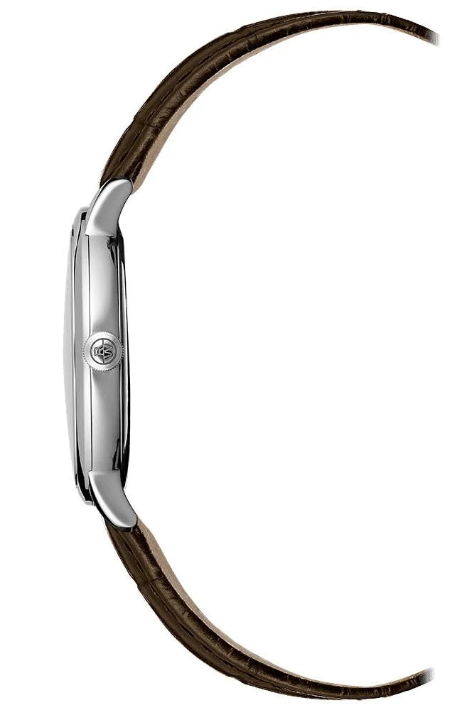 A side profile view of a wristwatch with a polished silver-tone case and a dark brown textured strap, shown against a plain white background.