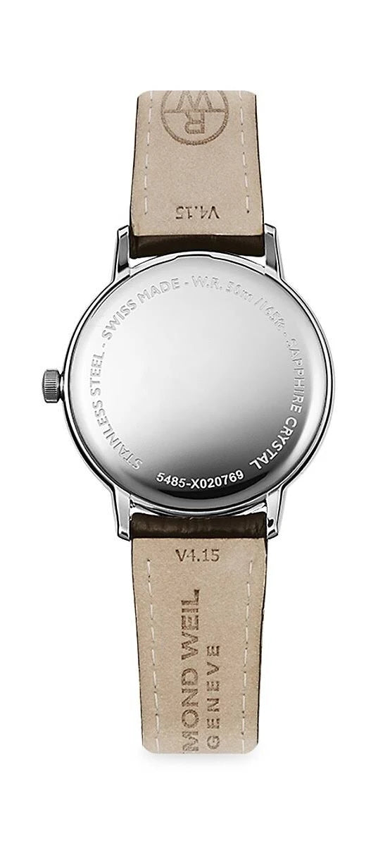The back view of a Mond Weil wristwatch with a stainless steel case and a beige leather strap, showing engraved details and branding.