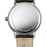 The back view of a Mond Weil wristwatch with a stainless steel case and a beige leather strap, showing engraved details and branding.