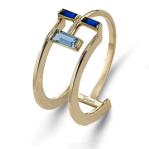 Simon G. LR4285 smart ring jacket in 14K yellow gold with blue sapphire and aquamarine baguettes