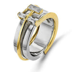 Simon G. LR4285 three stone diamond baguette smart ring jacket in 14K yellow gold fitted over an Oura ring