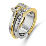 Simon G. LR4285 three stone diamond baguette smart ring jacket in 14K yellow gold fitted over an Oura ring