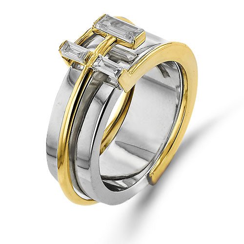 Simon G. LR4285 three stone diamond baguette smart ring jacket in 14K yellow gold fitted over an Oura ring