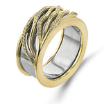 Simon G. LR4284 sculptural diamond smart ring jacket in 14K yellow gold fitted over an Oura ring