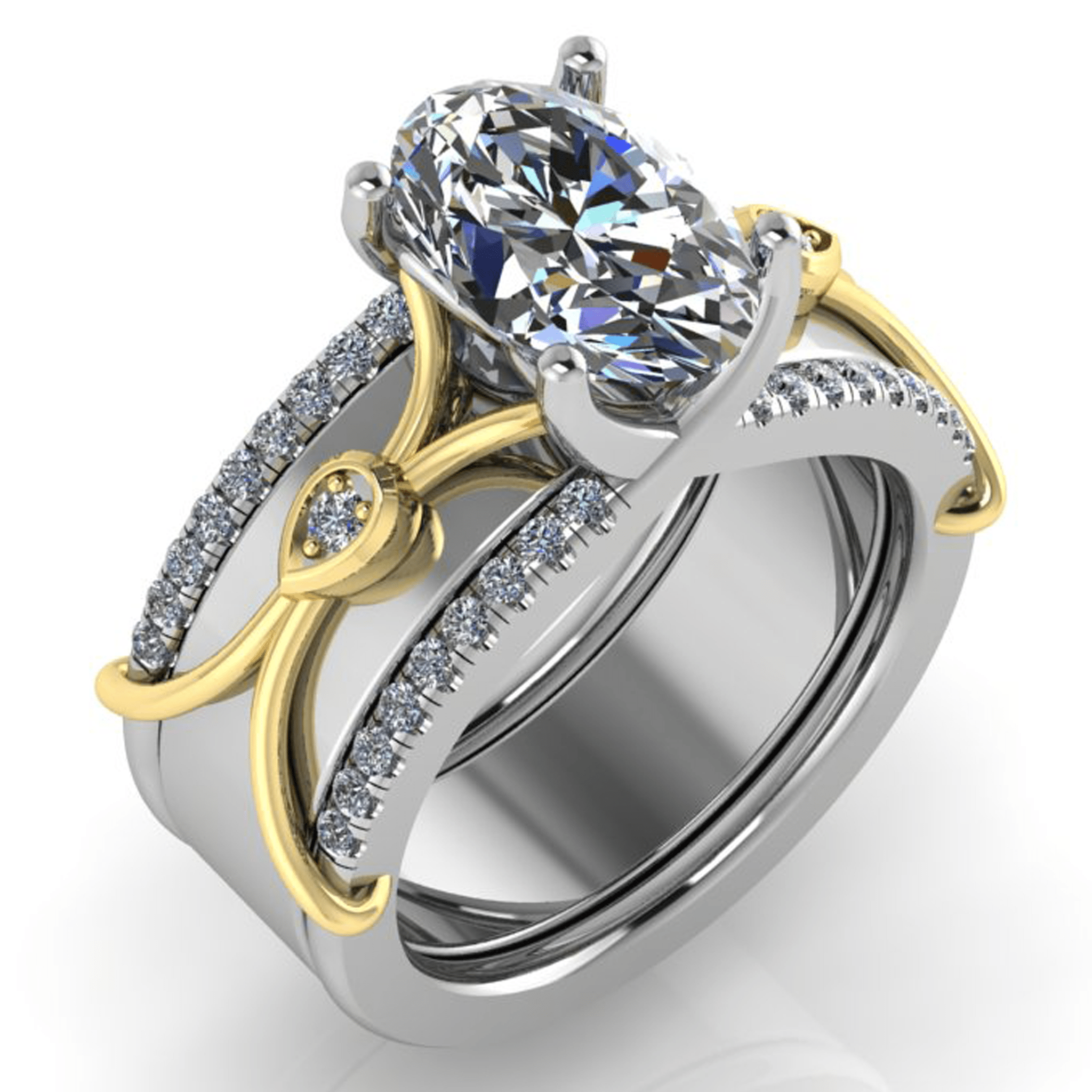 Simon G. LR5211 solitaire diamond smart ring jacket in 14K white and yellow gold fitted over an Oura ring