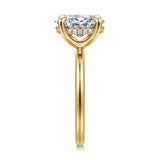 A yellow gold ring featuring a large round brilliant-cut center stone and a halo of small round stones along the band, shown against a plain white background.