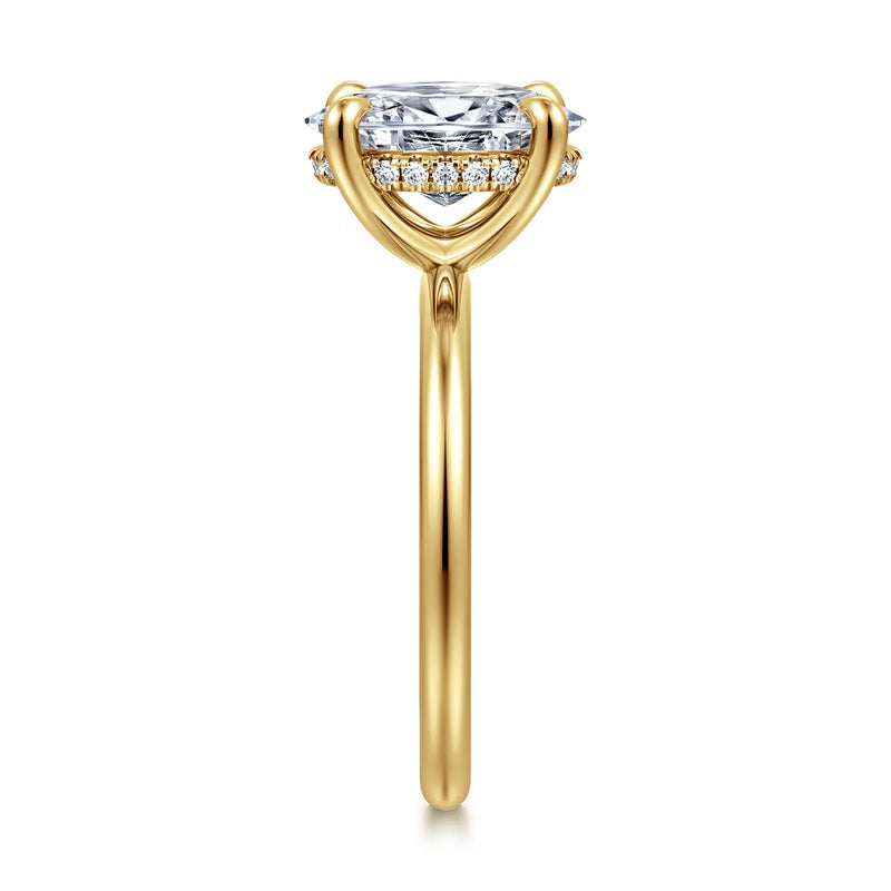 A yellow gold ring featuring a large round brilliant-cut center stone and a halo of small round stones along the band, shown against a plain white background.