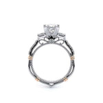Elegant diamond ring with a white and rose gold band on a white background