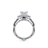 Elegant diamond ring with a white and rose gold band on a white background