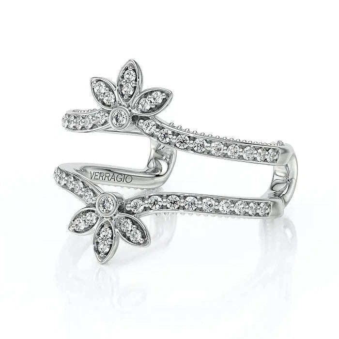Silver ring with floral designs and 'Verragio' branding on a white background