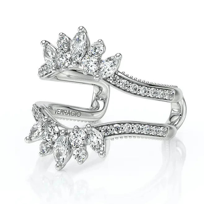 A silver-tone split-shank ring by Terrazzo, featuring marquise-cut and round-cut clear gemstones arranged in floral and leaf-like clusters, shown on a white background with a soft reflection.