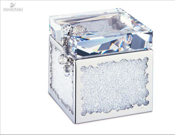 A Swarovski crystal cube keepsake box with a faceted clear crystal lid, silver-toned metal frame, and textured clear crystal inlay on the front, shown on a white background.