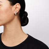 Simon G. ME1487 floral trellis diamond hoop earring in 18K yellow and white gold shown worn on the ear for size