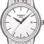 Silver Tissot watch with a white face on a white background