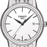 Silver Tissot watch with a white face on a white background