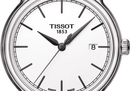 Silver Tissot watch with a white face on a white background