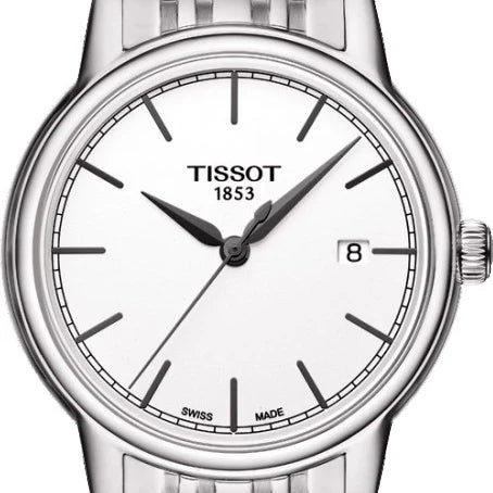 Silver Tissot watch with a white face on a white background