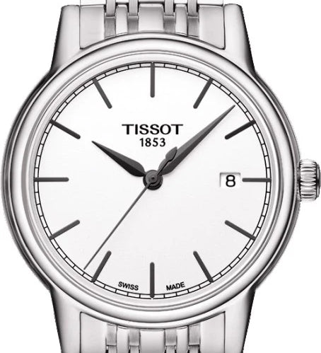 Silver Tissot watch with a white face on a white background