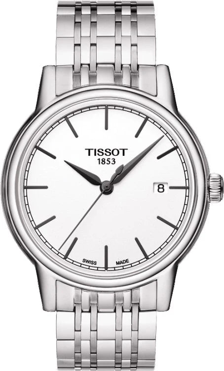 Silver Tissot watch with a white face on a white background