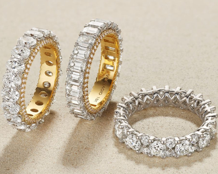 Verragio Eterna oval, emerald and round diamond eternity bands