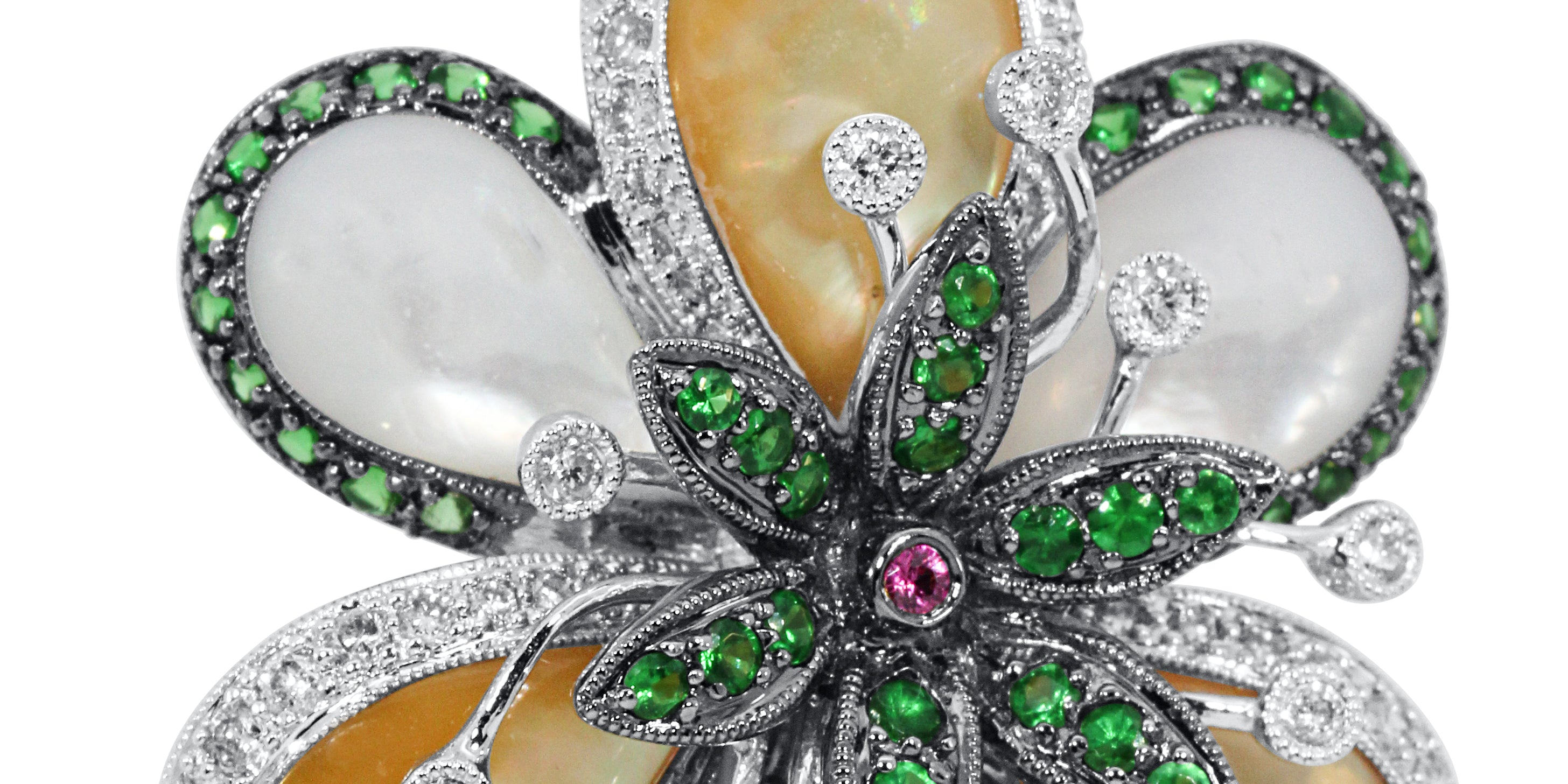 Floral pendant with gemstones on a white background white gold