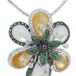 Floral pendant with gemstones on a white background white gold