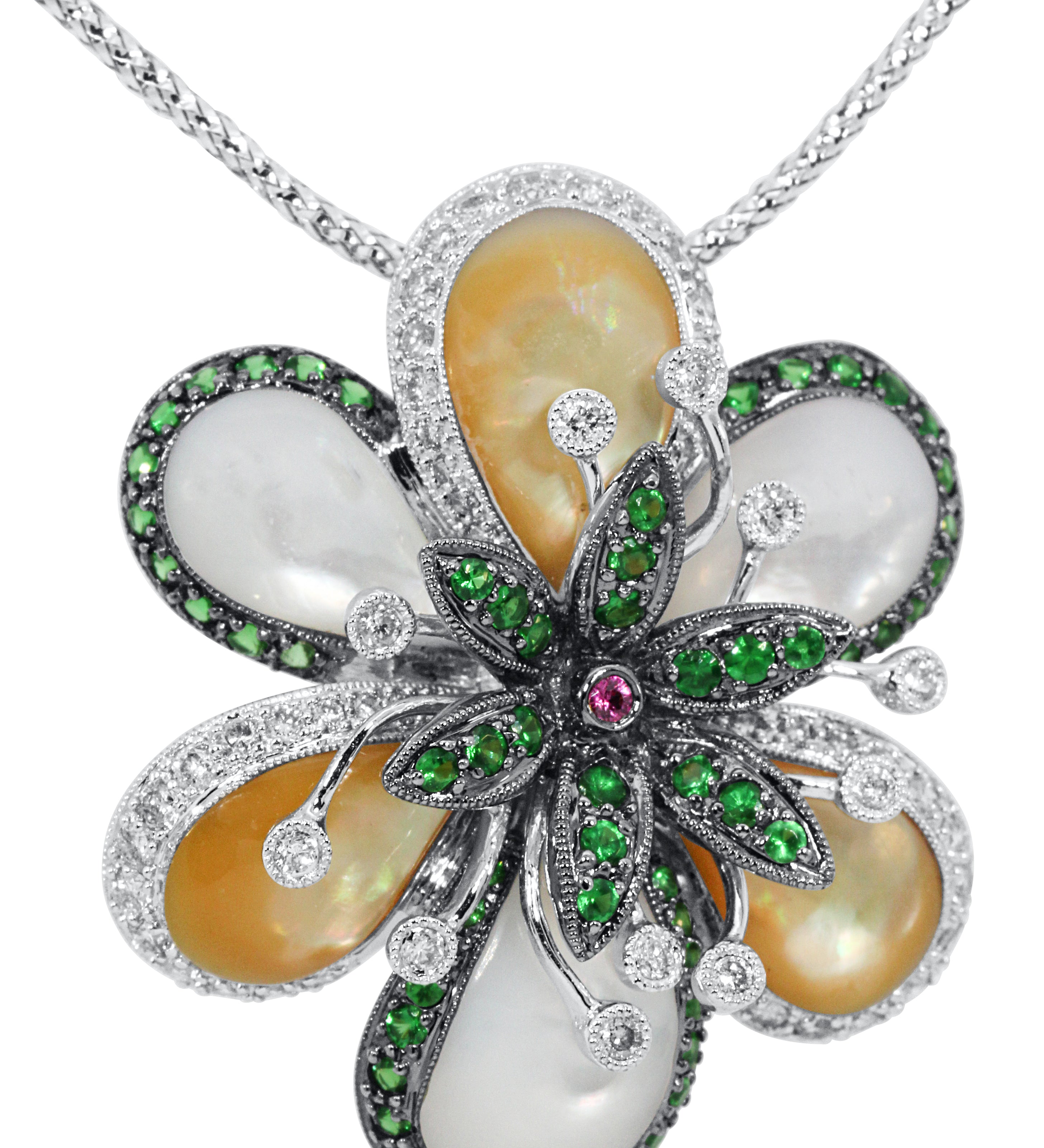 Floral pendant with gemstones on a white background white gold