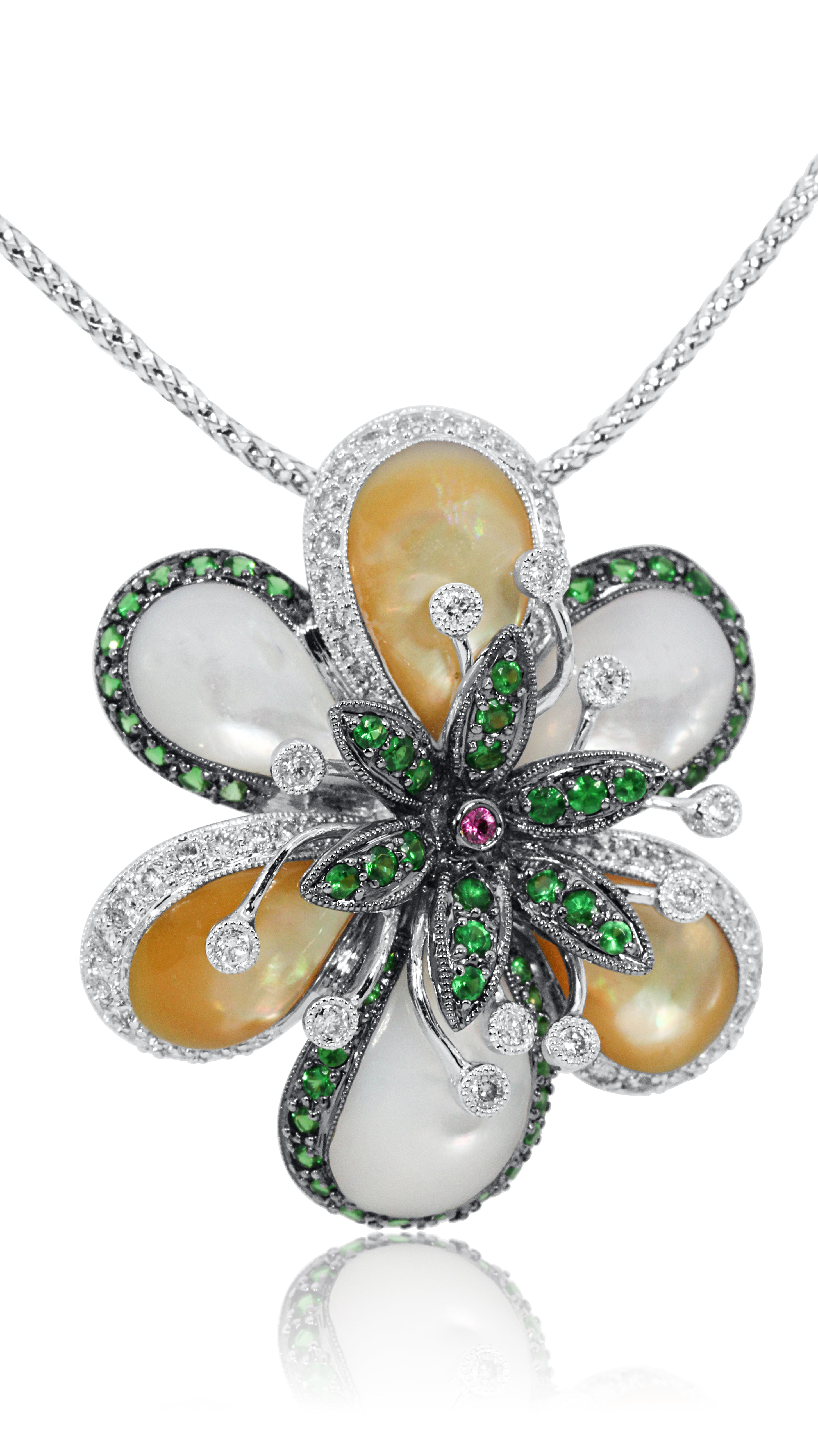 Floral pendant with gemstones on a white background white gold