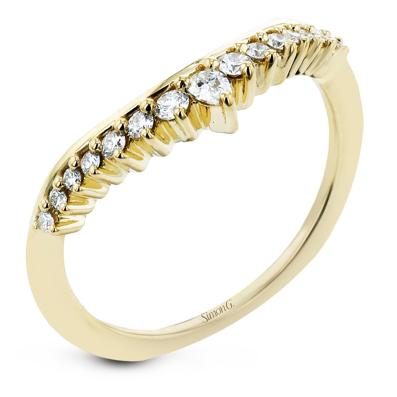 Simon G. LR4122 curved round diamond wedding band with center pear diamond in 18K yellow gold