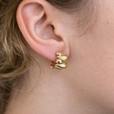 14KT Yellow Gold Huggie Earrings – Modern Triple Row Gold Huggies Bold Polished Statement Huggies