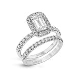 Emerald-cut Halo Engagement Ring & Matching Wedding Band in 18k Gold with Diamonds